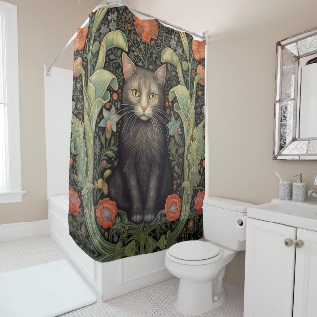 Art nouveau black cat and red flowers shower curtain (In Situ)