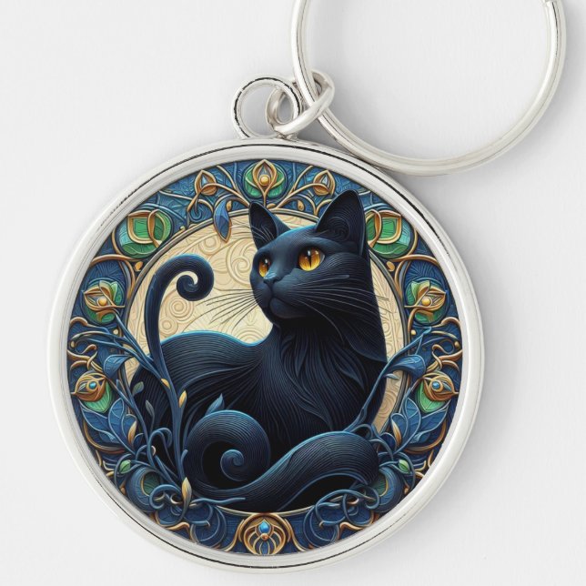 Art Nouveau Black Cat Celtic Key Chain (Front)