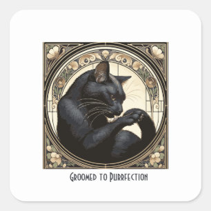 Art Nouveau Black Cat Cleaning Design Square Sticker