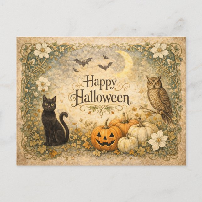 Art Nouveau Black Cat Owl Halloween Holiday Postcard (Front)