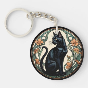 Art Nouveau Black Cat Personalise Key Ring