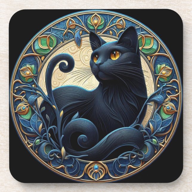 Art Nouveau Black Cat Plastic Coaster Set (Front)