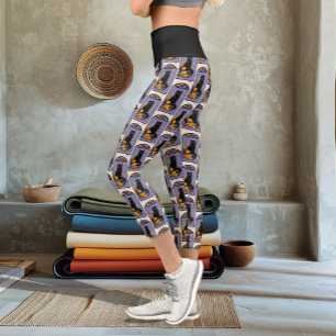 Art Nouveau Black Cat Pumpkin Purple Autumn Yellow Capri Leggings