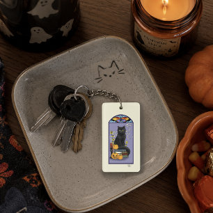 Art Nouveau Black Cat Pumpkin Purple Autumn Yellow Key Ring