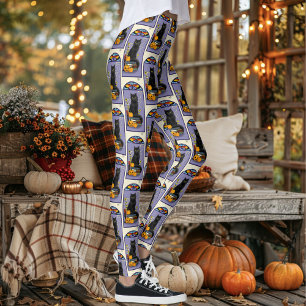 Art Nouveau Black Cat Pumpkin Purple Autumn Yellow Leggings