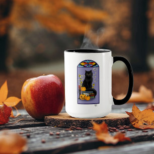 Art Nouveau Black Cat Pumpkin Purple Autumn Yellow Mug