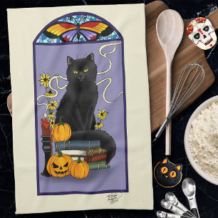 Art Nouveau Black Cat Pumpkin Purple Autumn Yellow Tea Towel