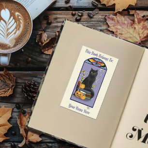 Art Nouveau Black Cat Pumpkin Purple Bookplate Rectangular Sticker