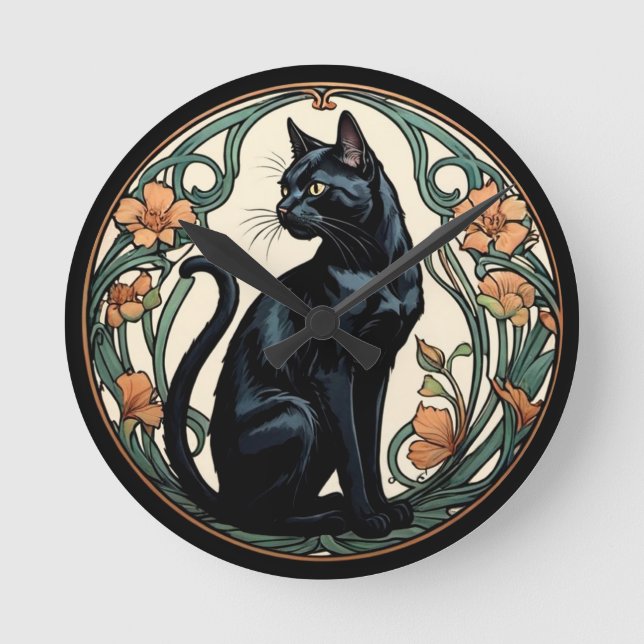 Art Nouveau Black Cat Round Clock (Front)