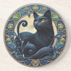 Art Nouveau Black Cat Stone Coaster