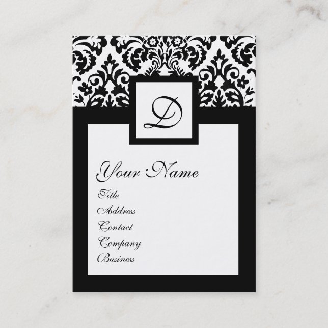 ART NOUVEAU BLACK WHITE  DAMASK SQUARE MONOGRAM BUSINESS CARD (Front)