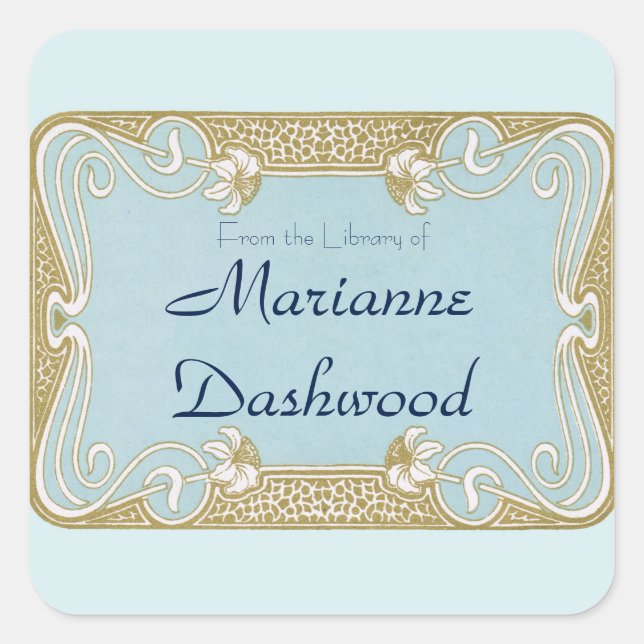 Art Nouveau Blue and Gold Framed Bookplate Square Sticker (Front)