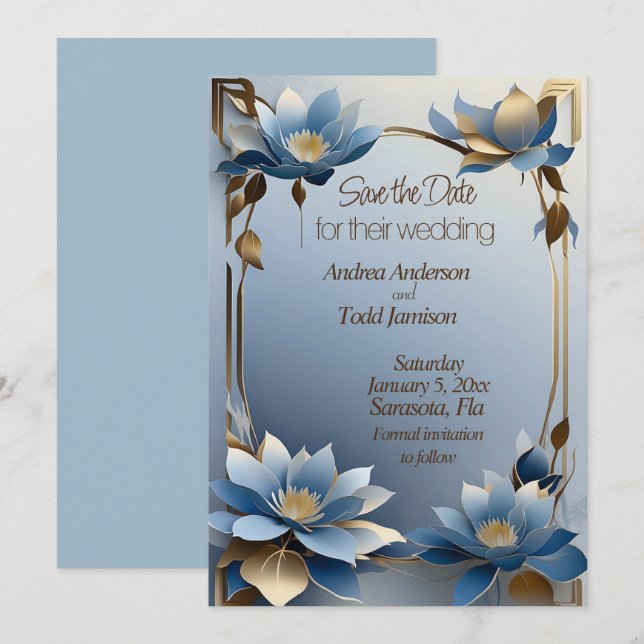 Art nouveau blue and gold lotus flowers wedding  save the date (Front/Back)