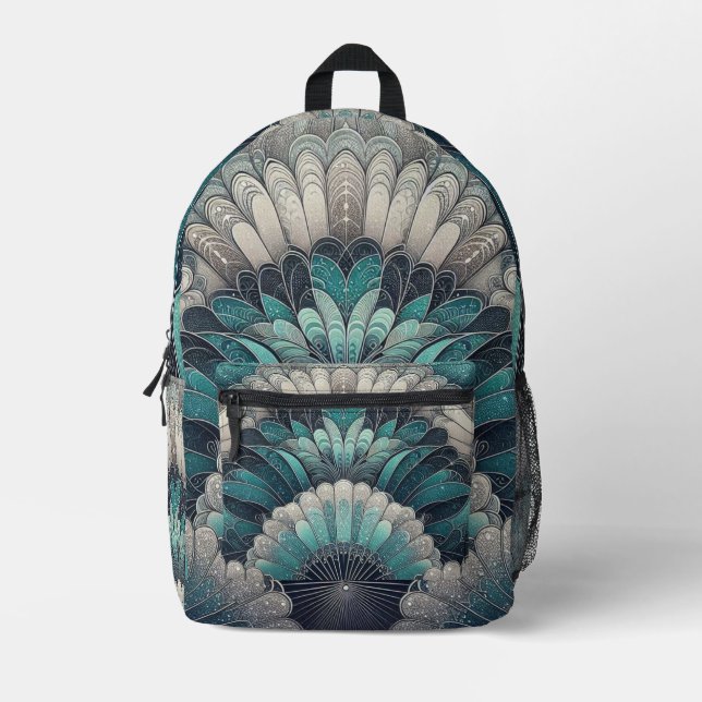 Art Nouveau Blue and Silver Fans Printed Backpack (Front)