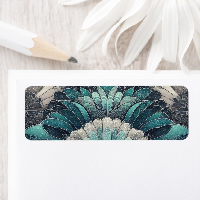 Art Nouveau Blue and Silver Fans Return Address Label (Insitu)