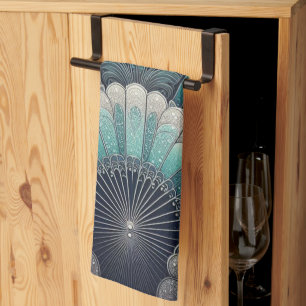 Art Nouveau Blue and Silver Fans Tea Towel