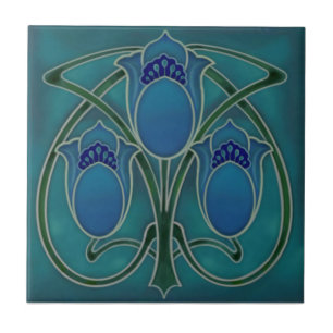 Art Nouveau Blue Green Tulip Trio Repro c1900 Ceramic Tile