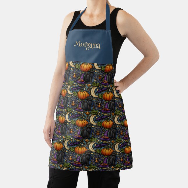 Art Nouveau Blue Halloween Name Apron (Insitu)