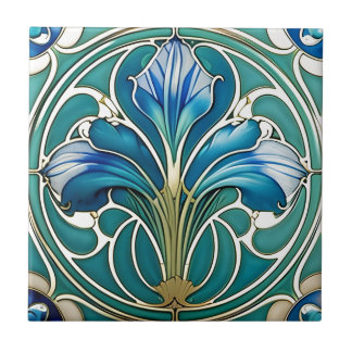 Art Nouveau Blue Stylised Lily 2 Ceramic Tile
