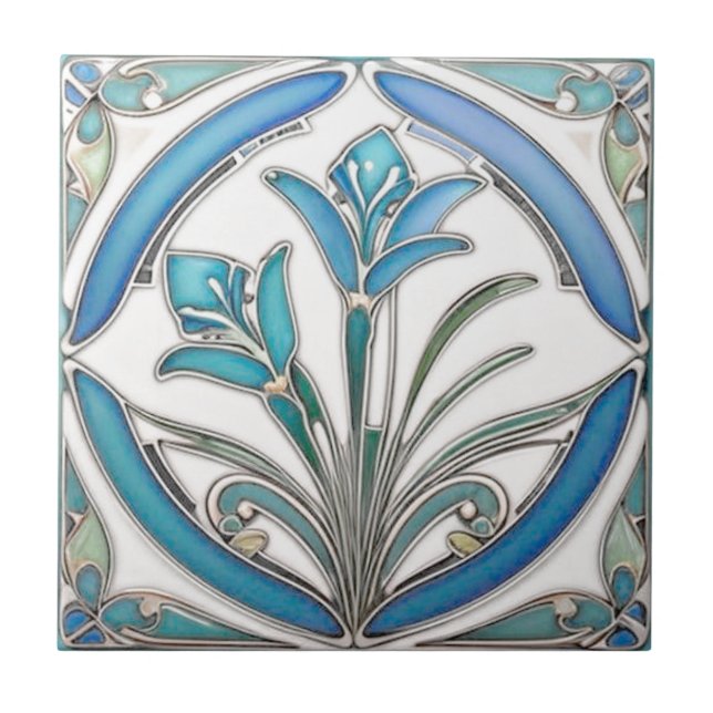 Art Nouveau Blue Stylised Lily Ceramic Tile (Front)