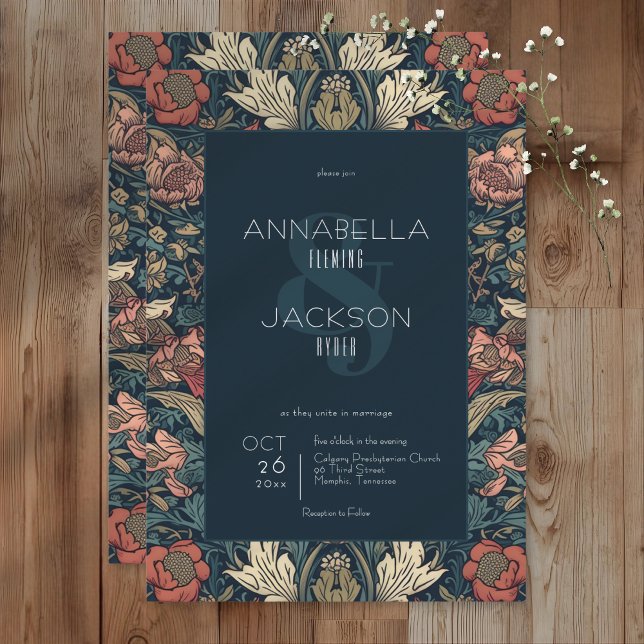Art Nouveau Blue William Morris Floral Wedding Invitation (Creator Uploaded)