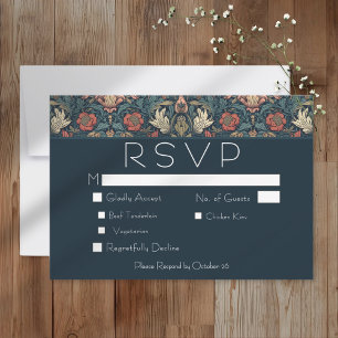 Art Nouveau Blue William Morris Floral Wedding RSVP Card