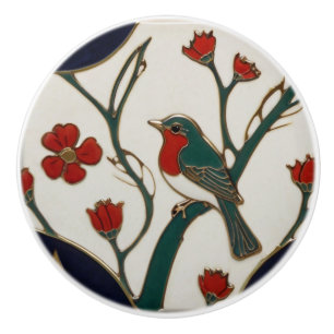 Art Nouveau Bluebird Red & Blue Bird Art Deco Ceramic Knob