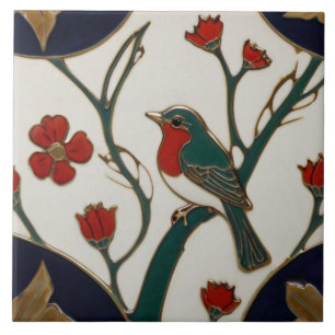 Art Nouveau Bluebird Red & Blue Bird Art Deco Ceramic Tile