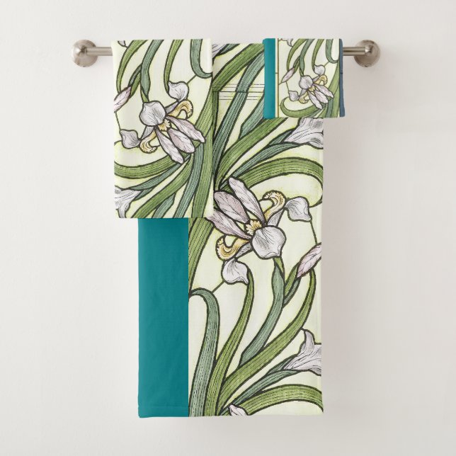 Art Nouveau Borders of Iris Flowers Bath Towel Set (Insitu)