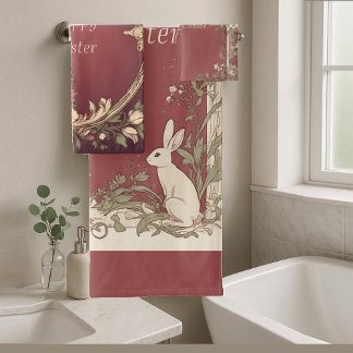 Art Nouveau Burgundy Easter Bunny Floral Vintage Bath Towel Set