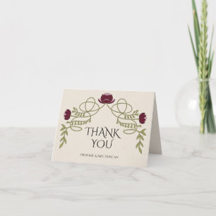 Art Nouveau Burgundy Pink Flower Wedding Photo Thank You Card