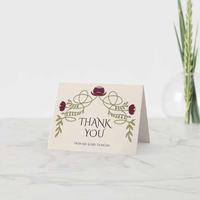 Art Nouveau Burgundy Pink Flower Wedding Photo Thank You Card (Front)