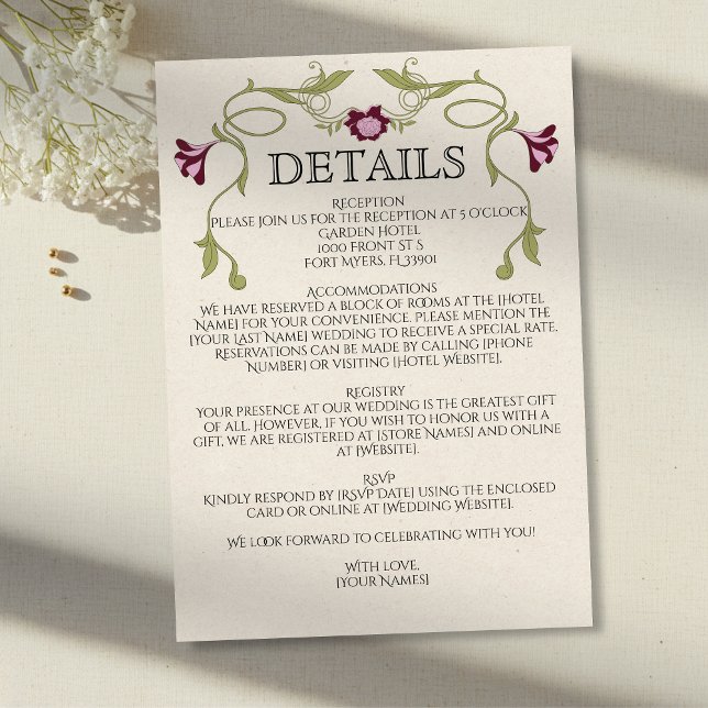 Art Nouveau Burgundy Pink Flowers Green Wedding Enclosure Card (Creator Uploaded)