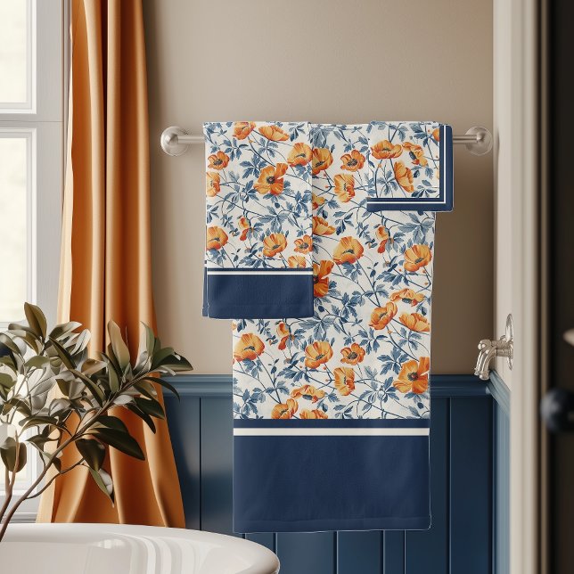 Art Nouveau California Poppies Navy Banded Bath Towel Set (Creator Uploaded)