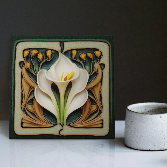 Art Nouveau Calla Lily Symmetrical Floral Wall Art Ceramic Tile (Seek more? Explore our collection for more matching tiles to uplift your space.)