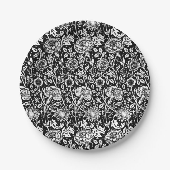 Art Nouveau Carnation Damask, Black and White Paper Plate (Front)
