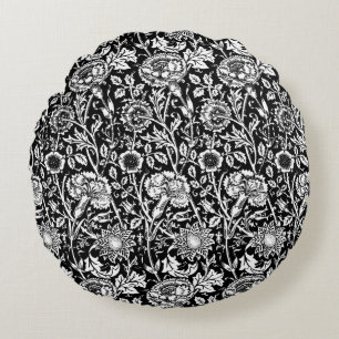 Art Nouveau Carnation Damask, Black and White Round Cushion