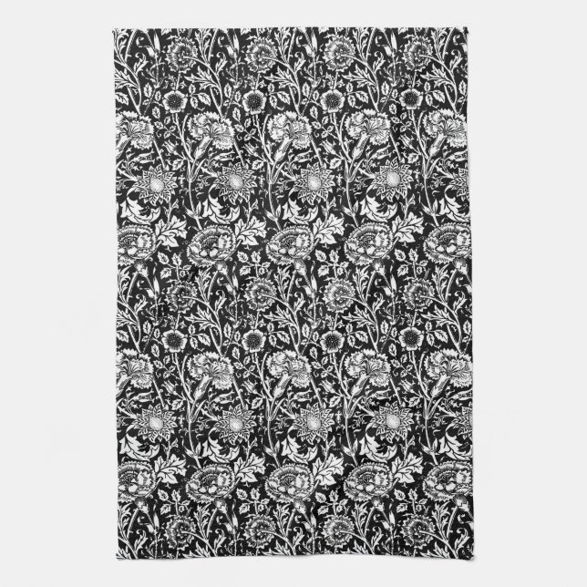 Art Nouveau Carnation Damask, Black and White Tea Towel (Vertical)