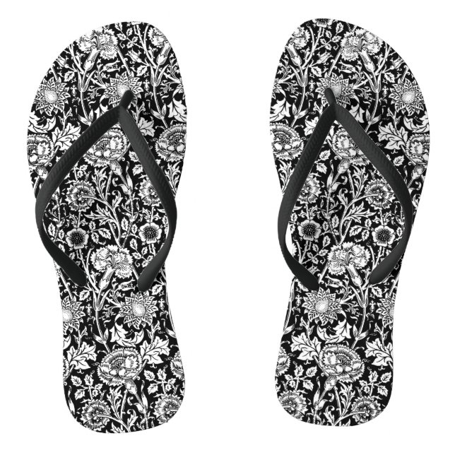 Art Nouveau Carnation Damask, Black and White Thongs (Footbed)