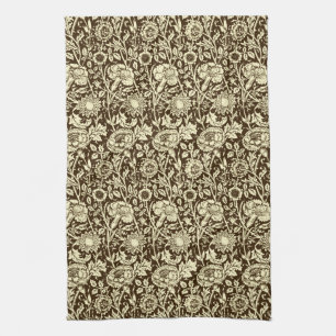 Art Nouveau Carnation Damask, Brown and Cream Tea Towel