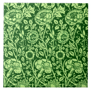 Art Nouveau Carnation Damask, Forest Green Ceramic Tile