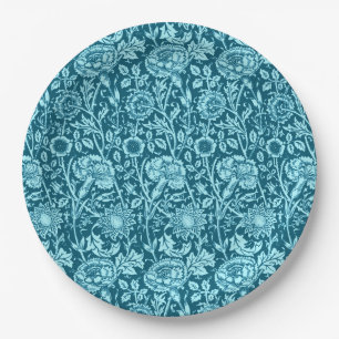 Art Nouveau Carnation Damask, Indigo and Sky Blue  Paper Plate