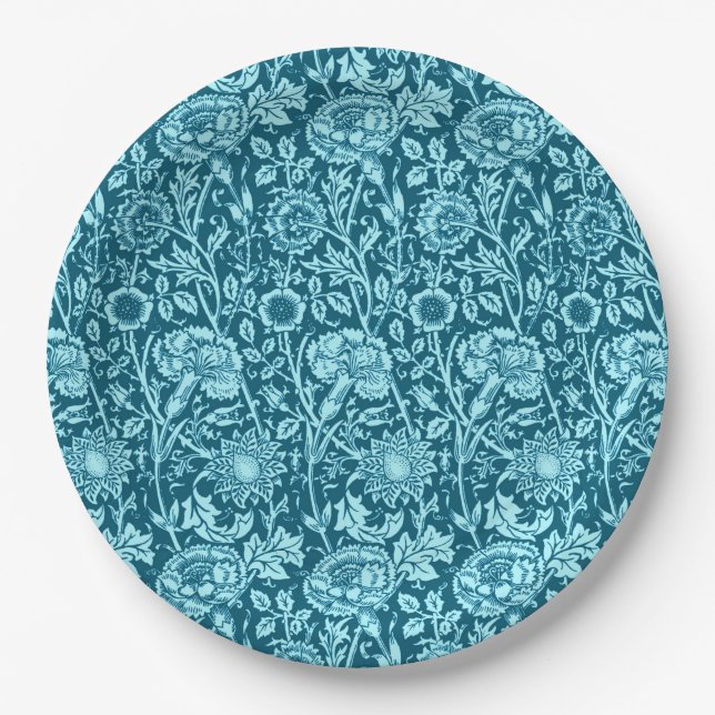 Art Nouveau Carnation Damask, Indigo and Sky Blue  Paper Plate (Front)