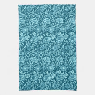 Art Nouveau Carnation Damask, Indigo and Sky Blue  Tea Towel