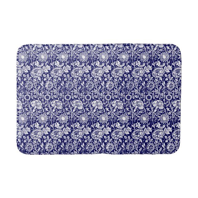 Art Nouveau Carnation Damask, Indigo Blue & White Bath Mat (Front)