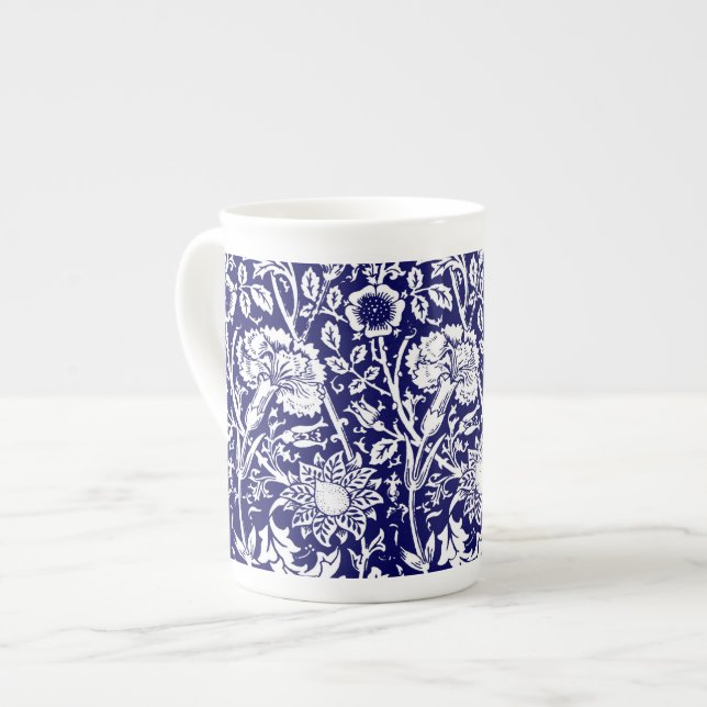 Art Nouveau Carnation Damask, Navy and White Bone China Mug (Front Left)