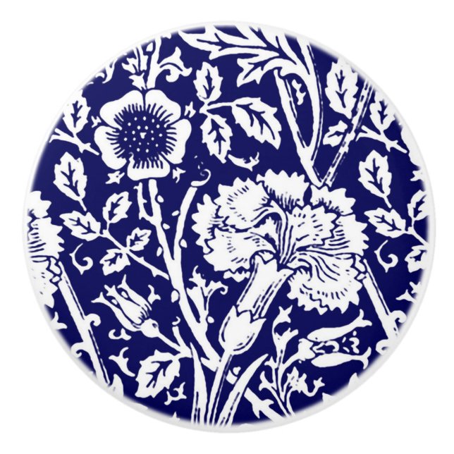 Art Nouveau Carnation Damask, Navy and White Ceramic Knob (Front)
