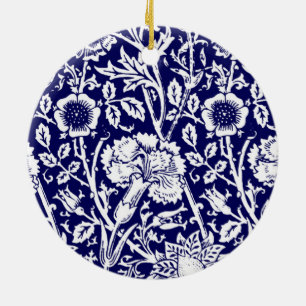 Art Nouveau Carnation Damask, Navy and White Ceramic Tree Decoration