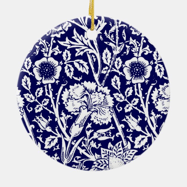 Art Nouveau Carnation Damask, Navy and White Ceramic Tree Decoration (Back)