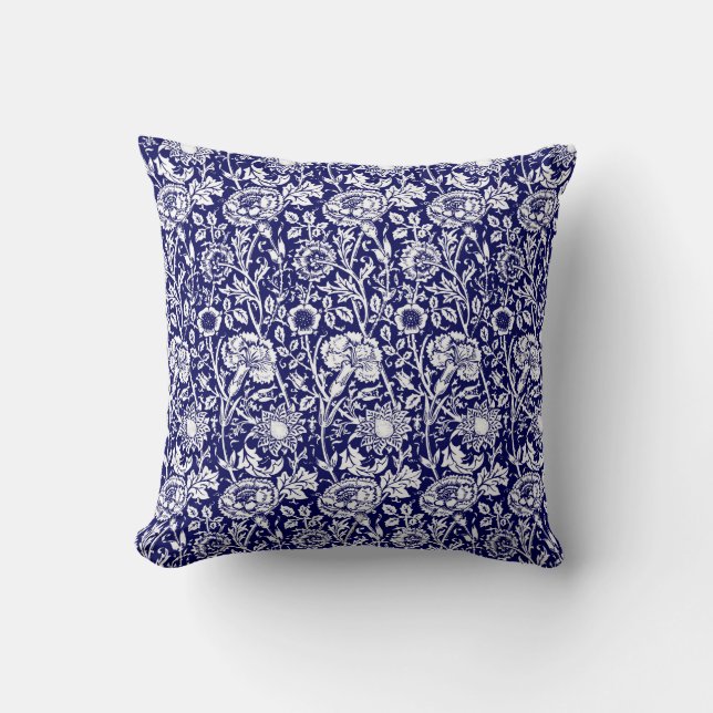 Art Nouveau Carnation Damask, Navy and White Cushion (Front)